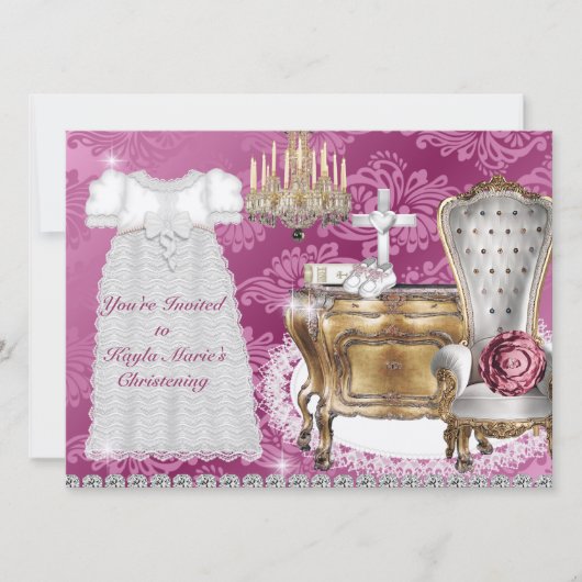 BAPTISME Vintage Invitation PINK DAMASK CONCEPTION (Devant)