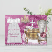 BAPTISME Vintage Invitation PINK DAMASK CONCEPTION (Debout devant)