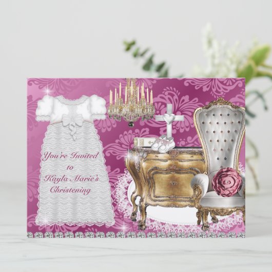 BAPTISME Vintage Invitation PINK DAMASK CONCEPTION (Debout devant)