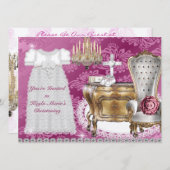 BAPTISME Vintage Invitation PINK DAMASK CONCEPTION (Devant / Derrière)