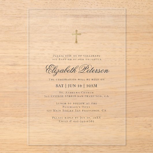 Baptisme voor haar | Minimalistisch goud Acryl Uitnodigingen (Voorkant)