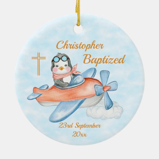 Baptisme Waterverf Baby Penguin-vliegtuig Keramisch Ornament (Achterkant)