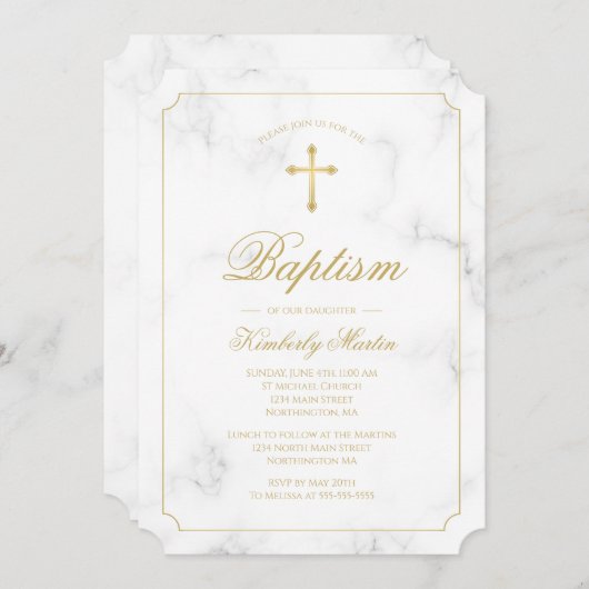 Baptisme White Marble Gold Cross-script Kaart (Voorkant / Achterkant)