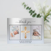 Baptisme zilverblauw babyfotoscript bedankkaart (Staand voorkant)
