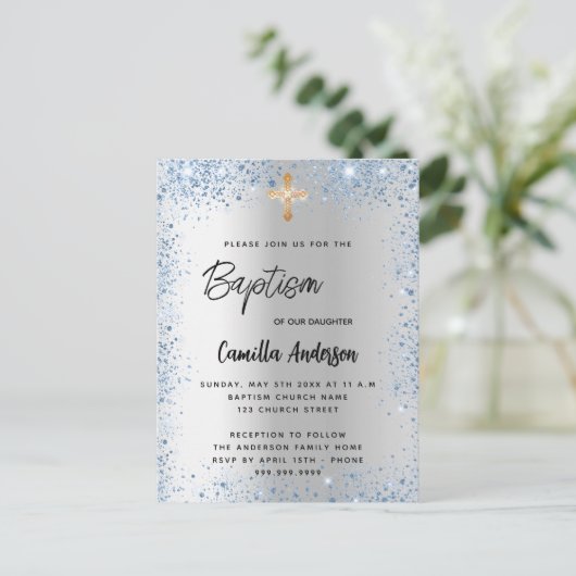 Baptisme zilverblauw jongetkruis uitnodiging briefkaart (Staand voorkant)