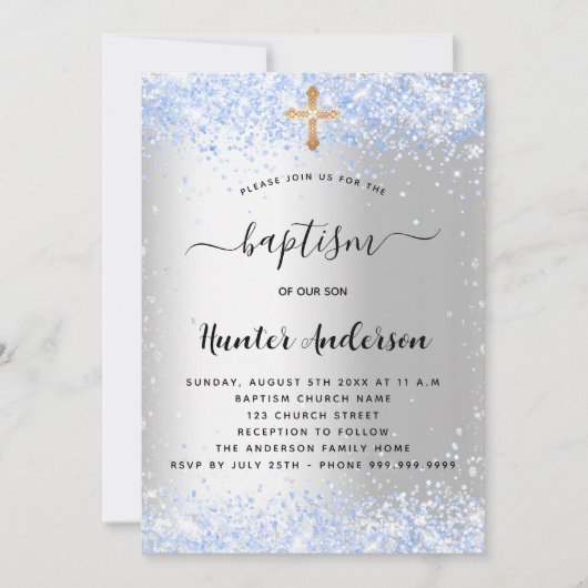 Baptisme zilverblauwe confetti baby kaart (Voorkant)