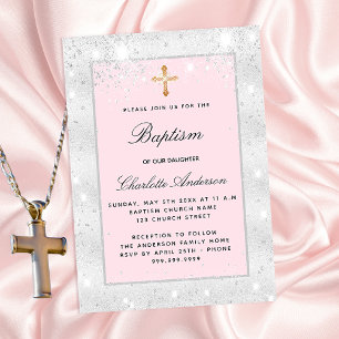 Baptisme zilveren roze glitter girl cross-luxe kaart
