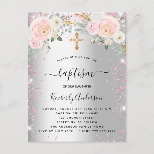 Baptisme zilverroze floralen glitter meisje elegan uitnodiging briefkaart (Voorkant)
