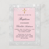 Baptisme zilverroze glitter meisje kruis elegant uitnodiging briefkaart (Voorkant)