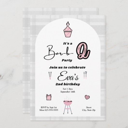Bar-b-2 Invitation d'anniversaire rose (Devant / Derrière)