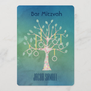 Bar Bat Bnai Tree of Life Mitzvah Waterverf Blue Kaart