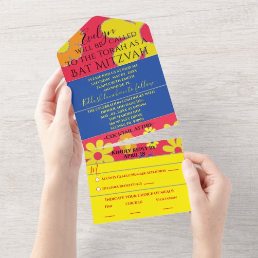 Bar Bat Mitzvah All n One Invitation Flowers All In One Uitnodiging (Afscheurbaar)