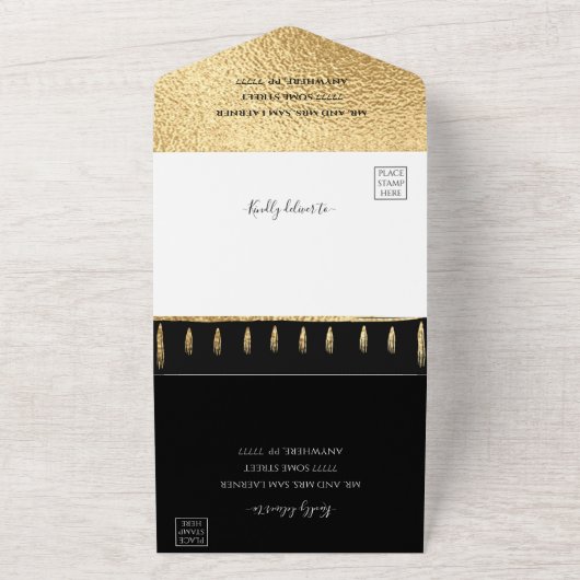 Bar Bat Mitzvah Goud en Zwart All In One Uitnodiging (Buitenkant)