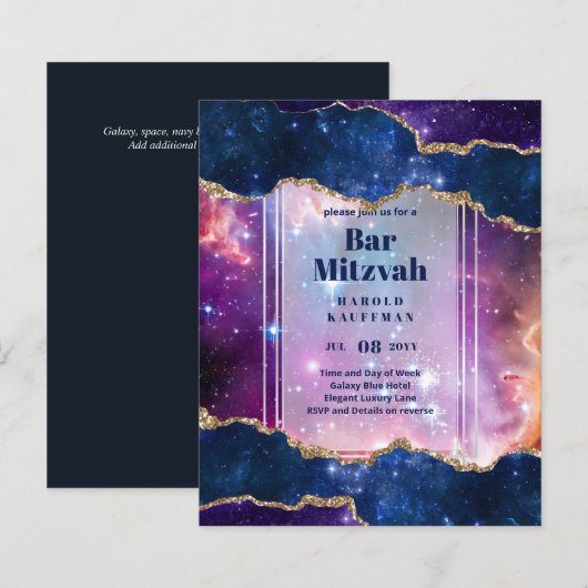 BAR CARTES MITZVAH Ciel céleste Blue Galaxy Gold (Devant / Derrière)