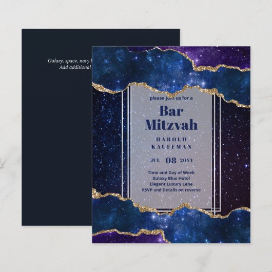 BAR CARTES MITZVAH Ciel céleste Blue Galaxy Gold (Devant / Derrière)