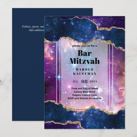 BAR CARTES MITZVAH Ciel céleste Blue Galaxy Gold (Devant / Derrière)