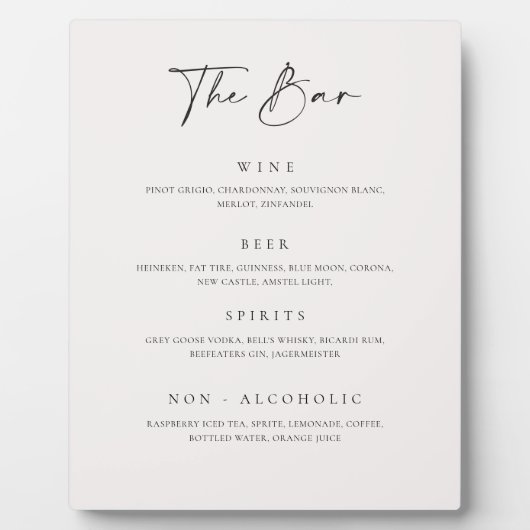 Bar mariage Boire Menu Réception Plaque C100 (Devant)