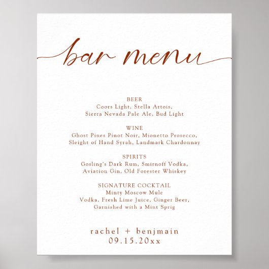 Bar Menu Bruiloft Terracotta Roest Herfst minimaal Poster (Voorkant)