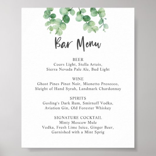 Bar Menu Eucalyptus Bruiloft Botanisch groen Poster (Voorkant)