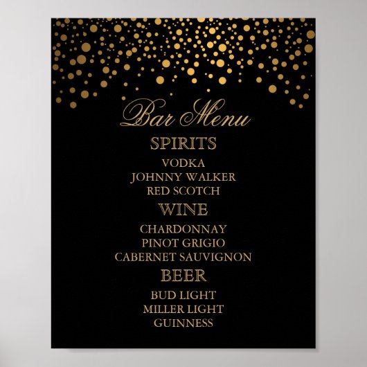 Bar Menu - Gouden Confetti Stippen op Zwart Poster (Voorkant)