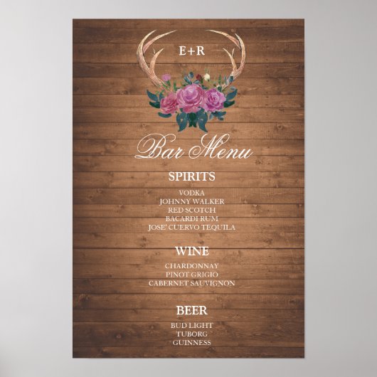 BAR MENU groot teken | Deer antler | trouwbar Poster (Voorkant)