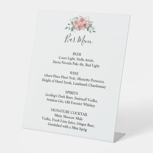 Bar Menu Roze Bloemen Bruiloft Boho Chique Script Reclamebord Met Voetstuk (Voorkant)