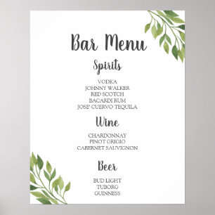 BAR MENU-teken groene botanische bruiloft Poster