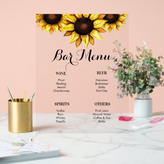 Bar Menu Zonnebloem Bruiloft Geel Acryl Bord (Huwelijk)