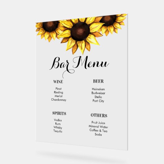 Bar Menu Zonnebloem Bruiloft Geel Acryl Bord (Hoek)