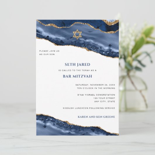 Bar Mitswa, Blauwe en Gouden Agaat Rand Kaart (Staand voorkant)