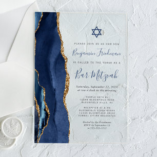 Bar mitswa in Navy Blauw Goud Agaat Acryl Uitnodigingen