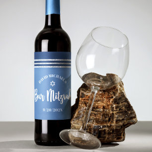 Bar Mitswa Modern Blauw Zilver Tallit Krachtig Sch Wijn Etiket