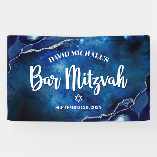 Bar Mitswa Modern Blauwe Agaat Aquarel Schrift Spandoek (Horizontaal)