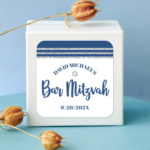 Bar Mitswa Modern Navyblauw Zilver Tallit Schrift Vierkante Sticker