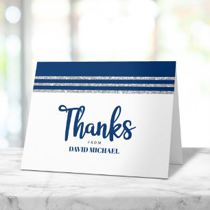 Bar Mitswa Modern Navyblauw Zilveren Tallit Schrif Bedankkaart
