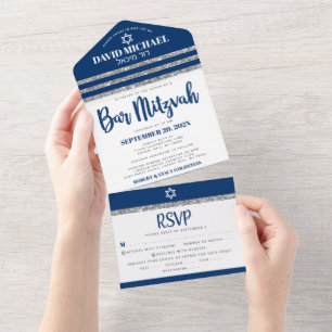 Bar Mitswa Navy Blau Zilver Tallit Modern Schrift All In One Uitnodiging