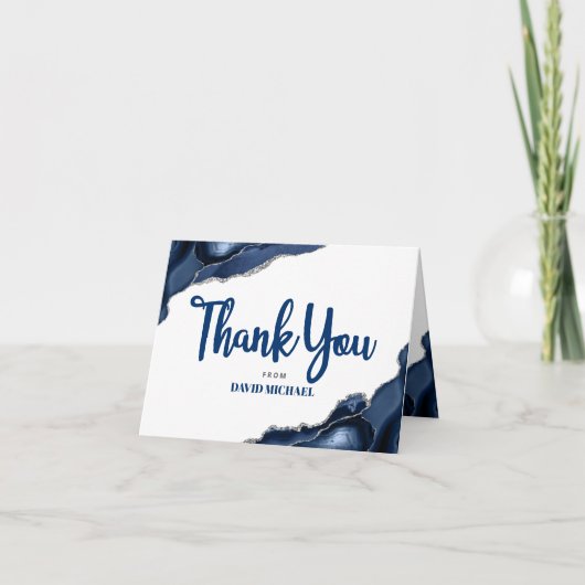 Bar Mitswa Navy Blue Agate Script Eenvoudig Minima Bedankkaart (Voorkant)