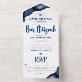 Bar Mitswa Navy Blue Agate Script Party Modern All In One Uitnodiging (Binnen)