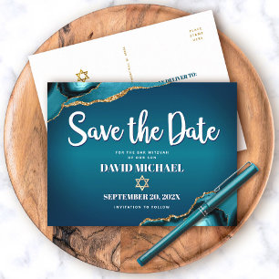 Bar Mitswa Save the Date Teal Ombre Agaat Script Uitnodiging Briefkaart