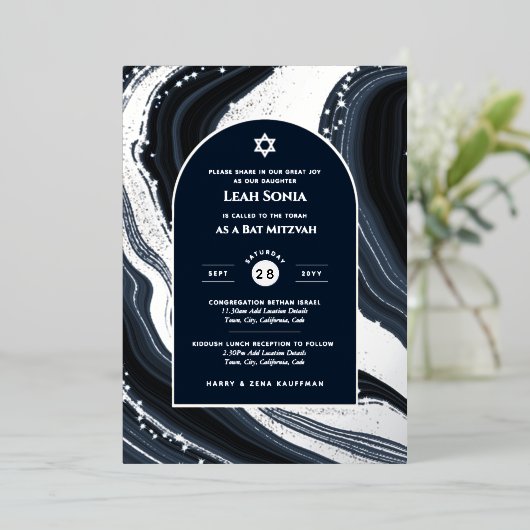 Bar Mitswa uitnodiging echte folie agaat goud blau (Staand Voorkant)