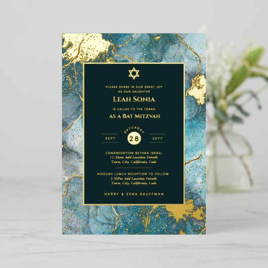 Bar Mitswa uitnodiging echte folie agaat goud blau (Staand Voorkant)