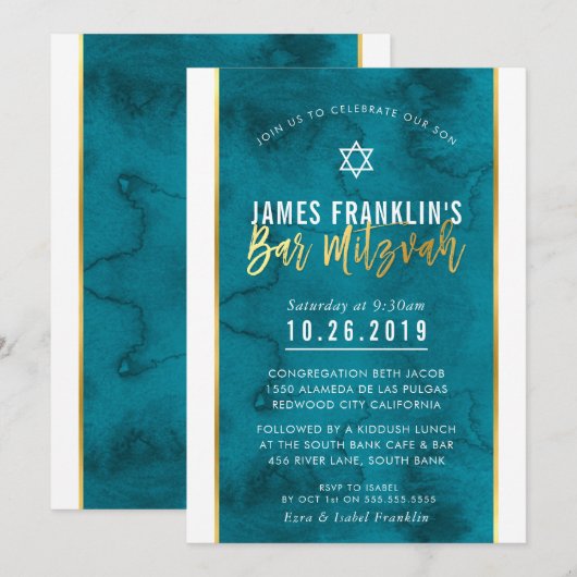 BAR MITZVAH blauwgroen blauw waterverf gouden scri Kaart (Voorkant / Achterkant)
