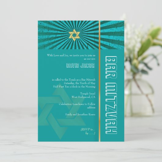 Bar Mitzvah/blauwgroen/goud Kaart (Staand voorkant)