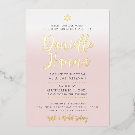 BAR MITZVAH bleek roze goud Danielle Hanna Folie Uitnodiging (Voorkant)