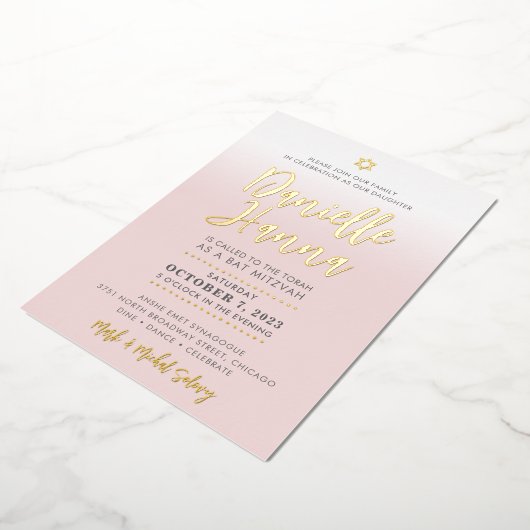 BAR MITZVAH bleek roze goud Danielle Hanna Folie Uitnodiging (Gedraaid)