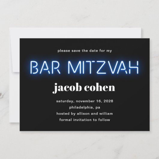 Bar Mitzvah Blue Neon licht de datum op Kaart (Voorkant)