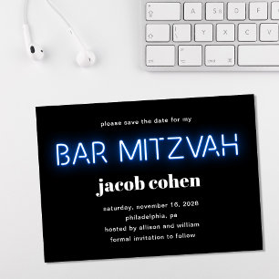 Bar Mitzvah Blue Neon licht de datum op Kaart