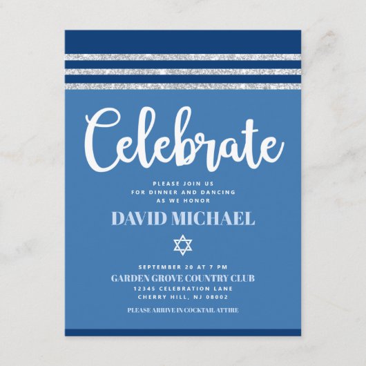 Bar Mitzvah Blue Silver Tallit Bold Modern Script Informatiekaartje (Voorkant)