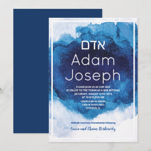 Bar Mitzvah Blue Waterverf Invitation Kaart