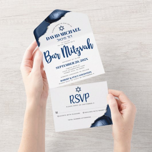 Bar Mitzvah Bold Modern Navy Blue Agate Script All In One Uitnodiging (Afscheurbaar)